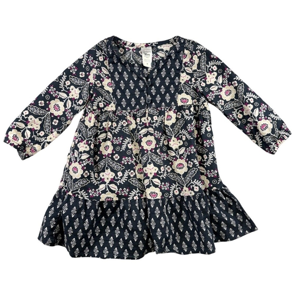 Carters Baby Girl 18M Navy Blue Floral Long Sleeve Ruffle Hem Cotton Dress